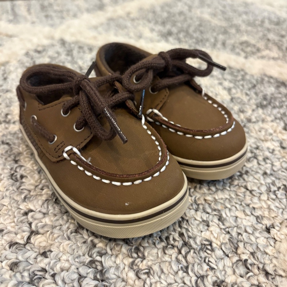 Sperry Toddler Boat Shoes Size 3M Brown Leather Lace Up Loafers EUC